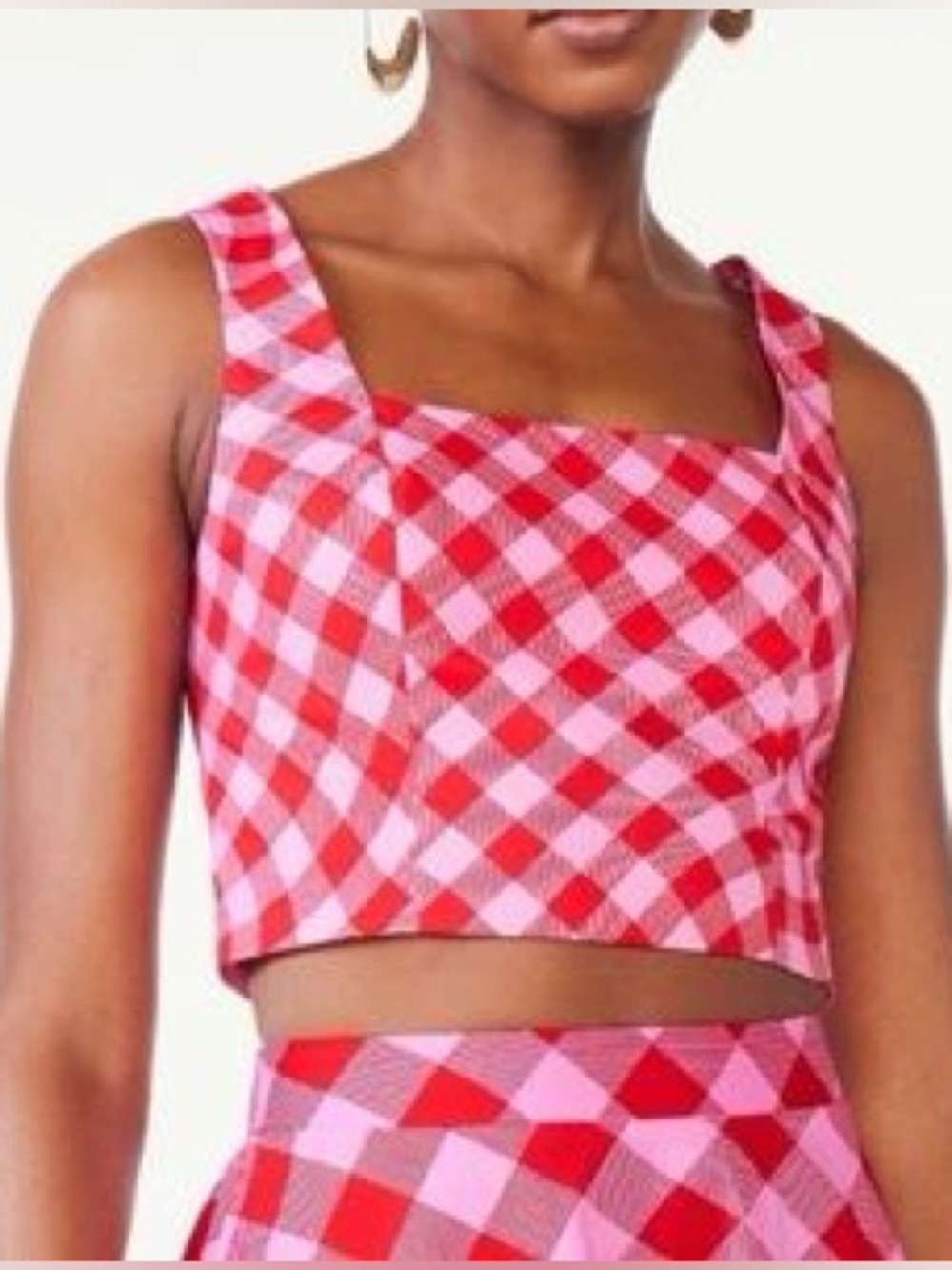 Pink & Red Gingham Square-Neck Crop Top